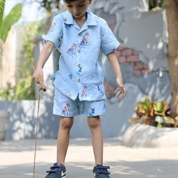 Funny Bones Boys Royal Toika Printed Linen Shirt With Shorts-image-96