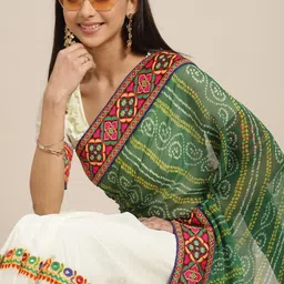 KAVINDI Ethnic Motifs Kutchi Embroidery Pure Georgette Half and Half Bandhani Saree-image-72