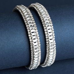 TEEJH Set Of 2 Silver-Plated Artificial Stones and Beads Studded Oxidised Bangles-0