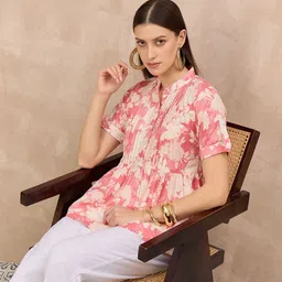 ANJIR Women Floral Printed Mandarin Collar Roll-Up Sleeves Peplum Regular Top-picture-52