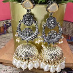 MEIRA JEWELLERY Silver-Plated Stones Studded And Beaded Dome Shaped Jhumkas-picture-34