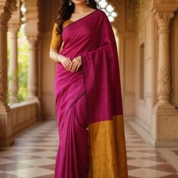 VILLE FASHION Colourblocked Linen Blend Kota Saree-image-92