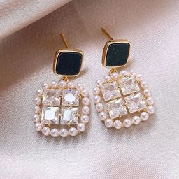 DIVASTRI Gold Plated American Diamond Studded Square Korean Drop Earrings-17