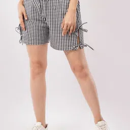 HIGH BUY Women Gingham Check Loose Fit Side Tie-Up Monochrome Outdoor Cotton Shorts-picture-10