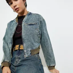 max Women Stand Collar Washed Self Design Cotton Casual Denim Jacket-picture-58