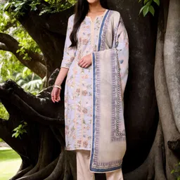 Anouk Floral Printed Notch-Neck Straight Pure Cotton Kurta With Trousers And Dupatta-image-89