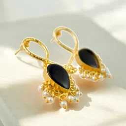 TISHUL JEWELS Gold-Plated Stones Studded And Beaded Contemporary Shaped Drop Earrings-52