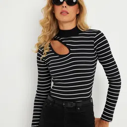 Cool & Sexy Monochrome Striped Cut Out Fitted Top-image-78