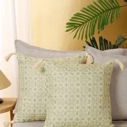 eyda Beige & Green 2 Pieces Geometric Embroidered Cushion Covers-image-23