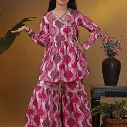 Sangria Printed V Neck Kurta With Trouser & Dupatta Set-image-47