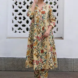 KALINI Floral Printed V-Neck A-Line Pleated Pure Cotton Kurta With Palazzos-14