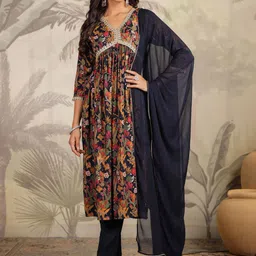 KALINI Women Floral Printed Regular Chanderi Silk Kurta with Trousers & With Dupatta-9