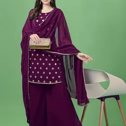 PARROT CREATION Women Embroidered Regular Sequinned Kurti with Sharara & With Dupatta-17