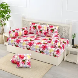EverHOME Pink & White8 Pieces Floral Printed Pure Cotton Diwan Set-picture-5