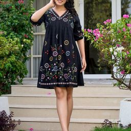 ZUMMER Floral Embroidered Puff Sleeve Pure Cotton Empire Dress-image-76
