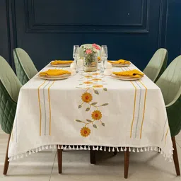 URBAN SPACE White Floral Anti-Slip Cotton 4-Seater Table Cover with Embroidered details-53