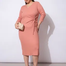 SASSAFRAS Curve Ribbed Knot Sheath Midi Plus Size Dress-image-17