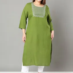 Sztori Plus Size Floral Yoke Design Mirror Work Straight Kurta-image-59