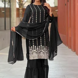 BINDUDI Floral Embroidered Round Neck Thread Work Kurta With Sharara & Dupatta-image-80