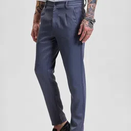Snitch Men Greyish Blue Self-Design Slim Fit Trousers-image-10