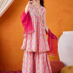 Cherry & Jerry Girls Ethnic Motifs Printed Empire Gotta Patti Kurta with Sharara & With Dupatta-image-90