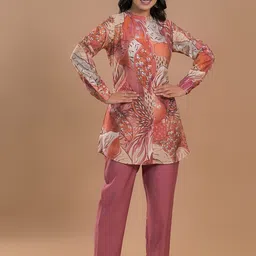 ROOHANIYAT Floral Printed Mandarin Collar Neck Top With Trousers Co-Ords-23