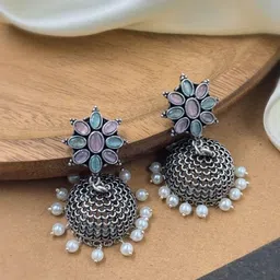 NAMAN ARTS Silver-Plated Artificial Stones And Beads Oxidised Contemporary Jhumkas-29