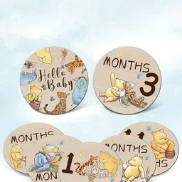 Babymoon Infant Kids 7Pcs Brown Printed Wooden Double Sided Monthly Baby Milestone Cards-17