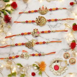 MEIRA JEWELLERY 7 Pcs Religious Rakhis With Greeting Card & Roli Chawal-image-33