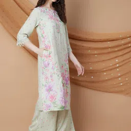 Melange by Lifestyle Floral Printed Sequinned Keyhole Neck Straight Kurta with Palazzos-image-47