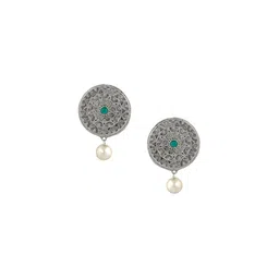 Stefan Rhodium Plated Stones Studded and Beaded Oxidised Drop Earrings-image-1