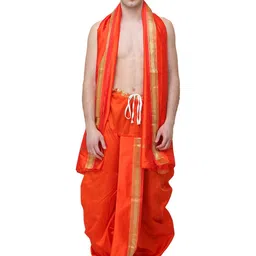 Exotic India Men Woven Golden Border Ready to Wear Dhoti and Angavastram Set-image-18
