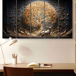 Myntra Elegant Homes Grey & Gold-Toned 5 Pieces Tree of Life with Deer MDF Wooden Wall Art-15