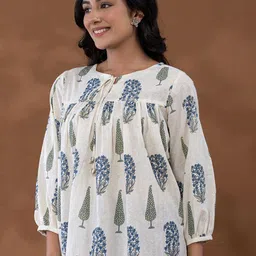 Yufta Print Keyhole Neck Cotton Peplum Top-image-95