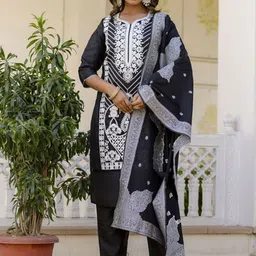 Twika Floral Embroidered Gotta Patti Work Straight Kurta With Trousers & Dupatta-47