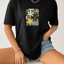 SZN Women Black Graphic Printed Drop Shoulder Oversized T Shirt-picture-5