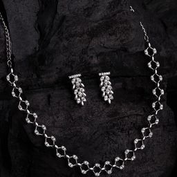 ASMITTA JEWELLERY Rhodium-Plated Cubic Zirconia-Studded Floral Choker Jewellery Set-15