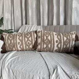 EXPORT HOUSE Beige & White Set of 2 Geometric Square Cushion Covers image 2