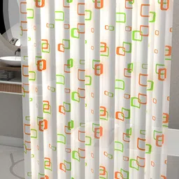 Aura 5-Pcs White & Green Block Printed Waterproof ShowerCurtainWithHooks image 2