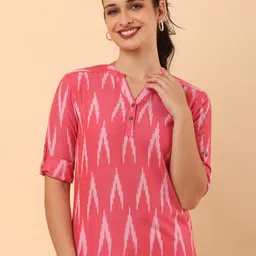 HELLO DESIGN Women Cotton Mandarin Collar Roll-Up Sleeves Ethnic Shirt Style Top-image-8