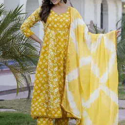 Anouk Yellow Floral Printed Panelled Pure Cotton Anarkali Kurta With Trousers & Dupatta-picture-14