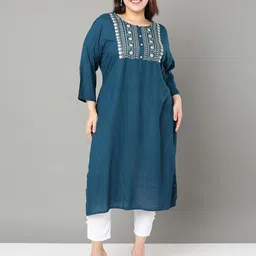 Sztori Plus Size Floral Yoke Design Mirror Work Straight Kurta-image-56