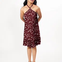 Zink London Women Floral Printed Halter Neck A-Line Dress-image-44