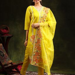 Berrylicious Floral Thread Work Chanderi Cotton Straight Kurta with Trousers & Dupatta-image-27