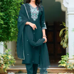 KALINI Women Embroidered Regular Chanderi Cotton Kurta with Trousers & With Dupatta-picture-10