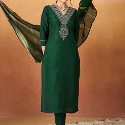 HRITIKA Women Ethnic Motifs Embroidered Regular Thread Work Kurta with Trousers & With Dupatta-picture-54