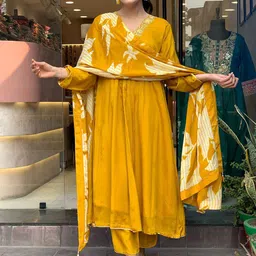 TWINS LADY Motifs Embroidered Chanderi Cotton V-Neck A-Line Kurta With Trousers & Dupatta-17