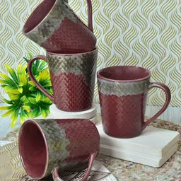 Myntra Elegant Homes Maroon & Grey 4 Pieces Textured Ceramic Glossy Mugs-18
