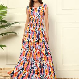Femvy Abstract Printed V-Neck Fit And Flare Tiered Dress-picture-20