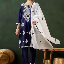 Sangria Embroidered Straight Kurta & Trousers With Dupatta-34